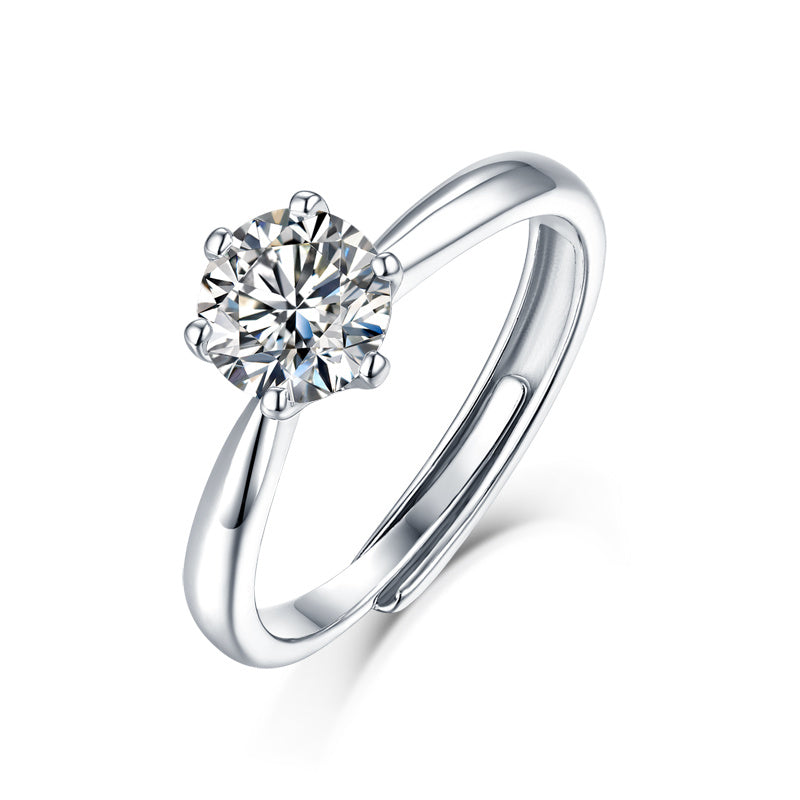 Classic Six-prong Mossan Diamond Silver Open Ring And Fixed Ring