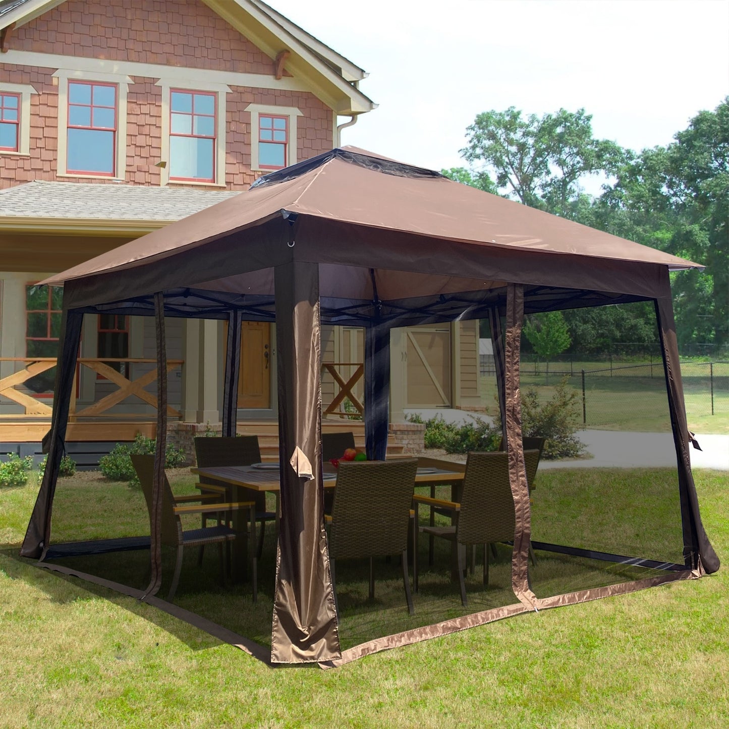 Outdoor 11x11 Ft Up Gazebo Canopy With Zipper Netting, 2-Tier Soft Top Tent