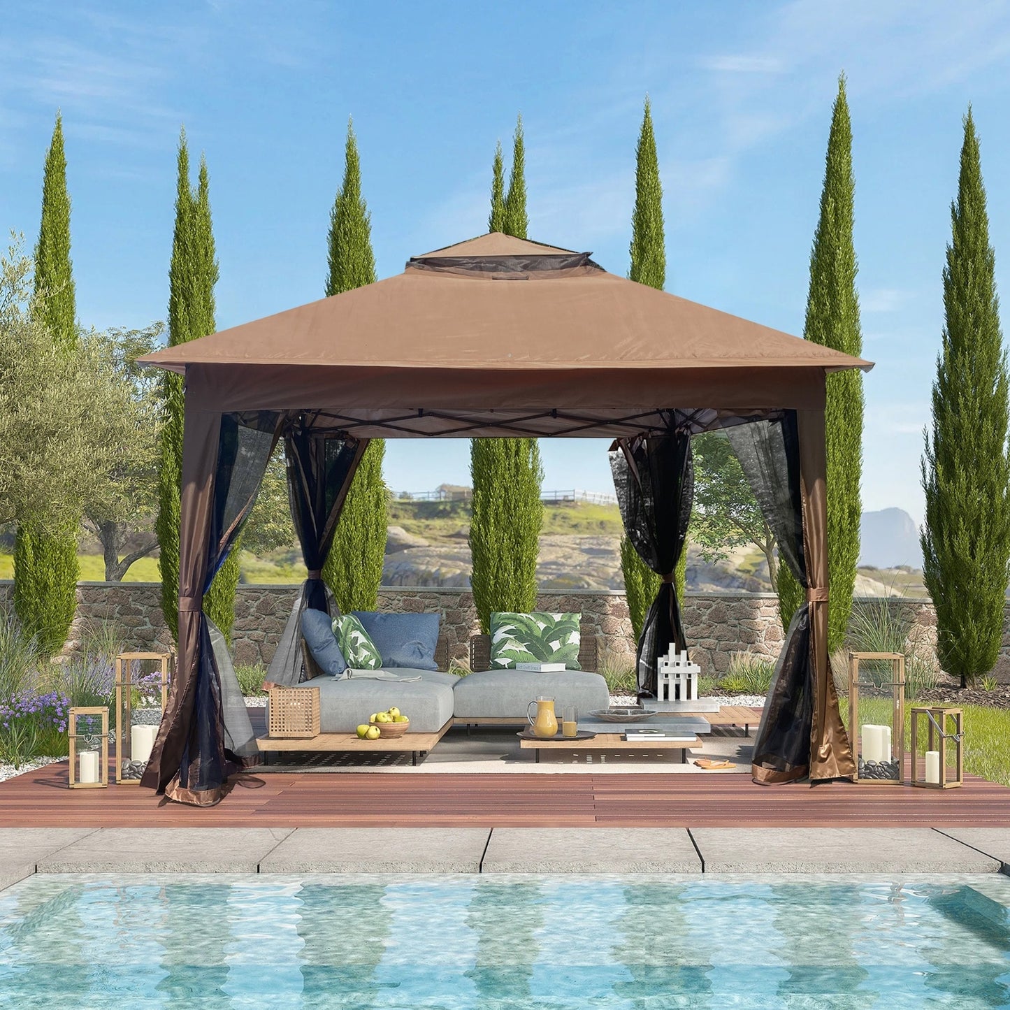 Outdoor 11x11 Ft Up Gazebo Canopy With Zipper Netting, 2-Tier Soft Top Tent