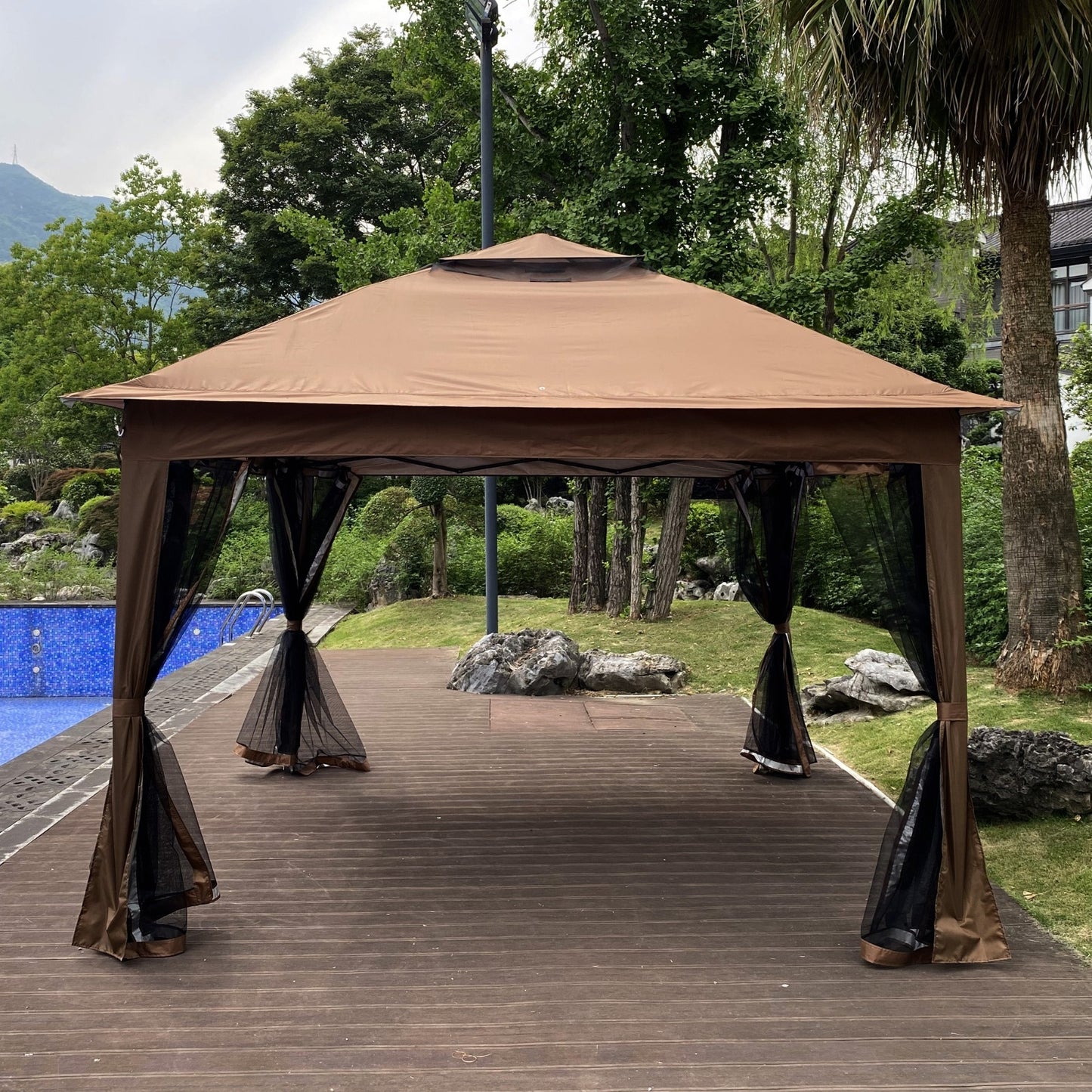 Outdoor 11x11 Ft Up Gazebo Canopy With Zipper Netting, 2-Tier Soft Top Tent