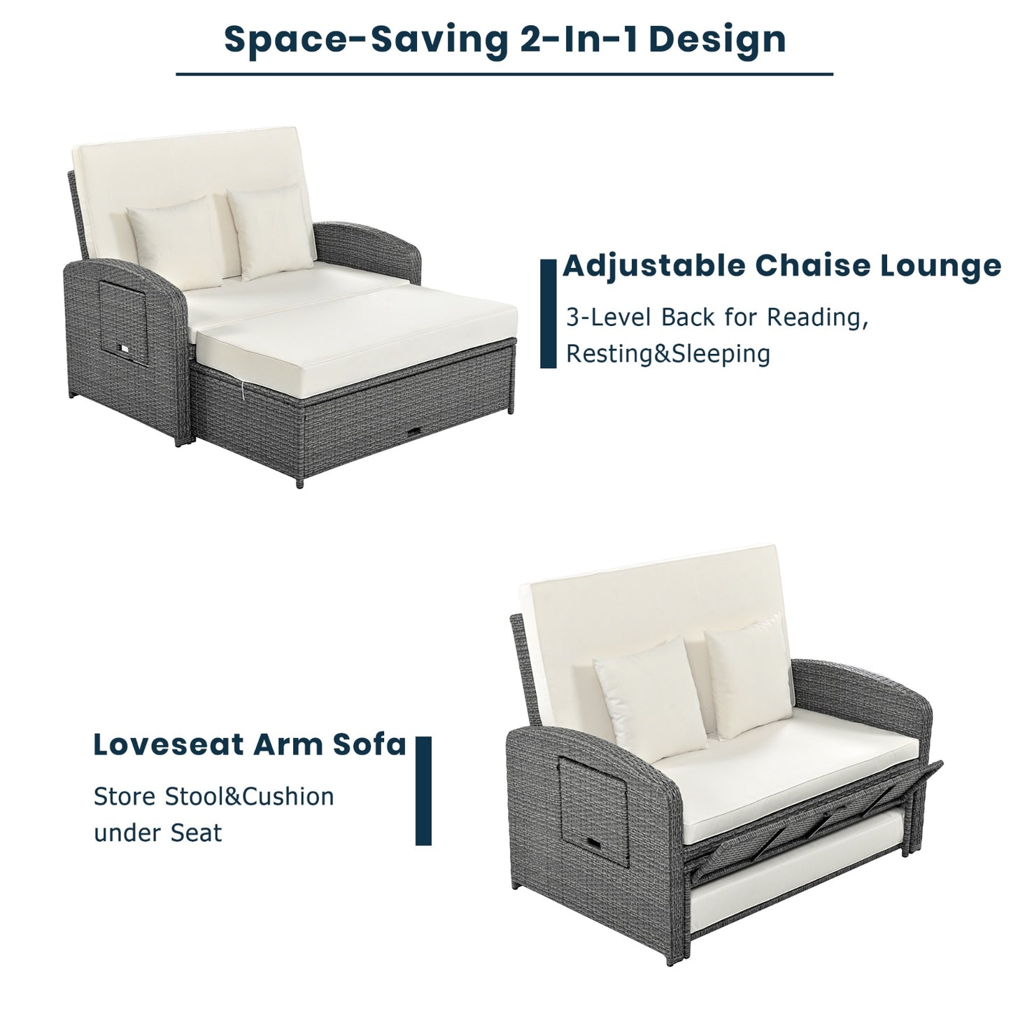 TOPMAX PE Wicker Rattan Double Chaise Lounge, 2-Person Adjustable Daybed