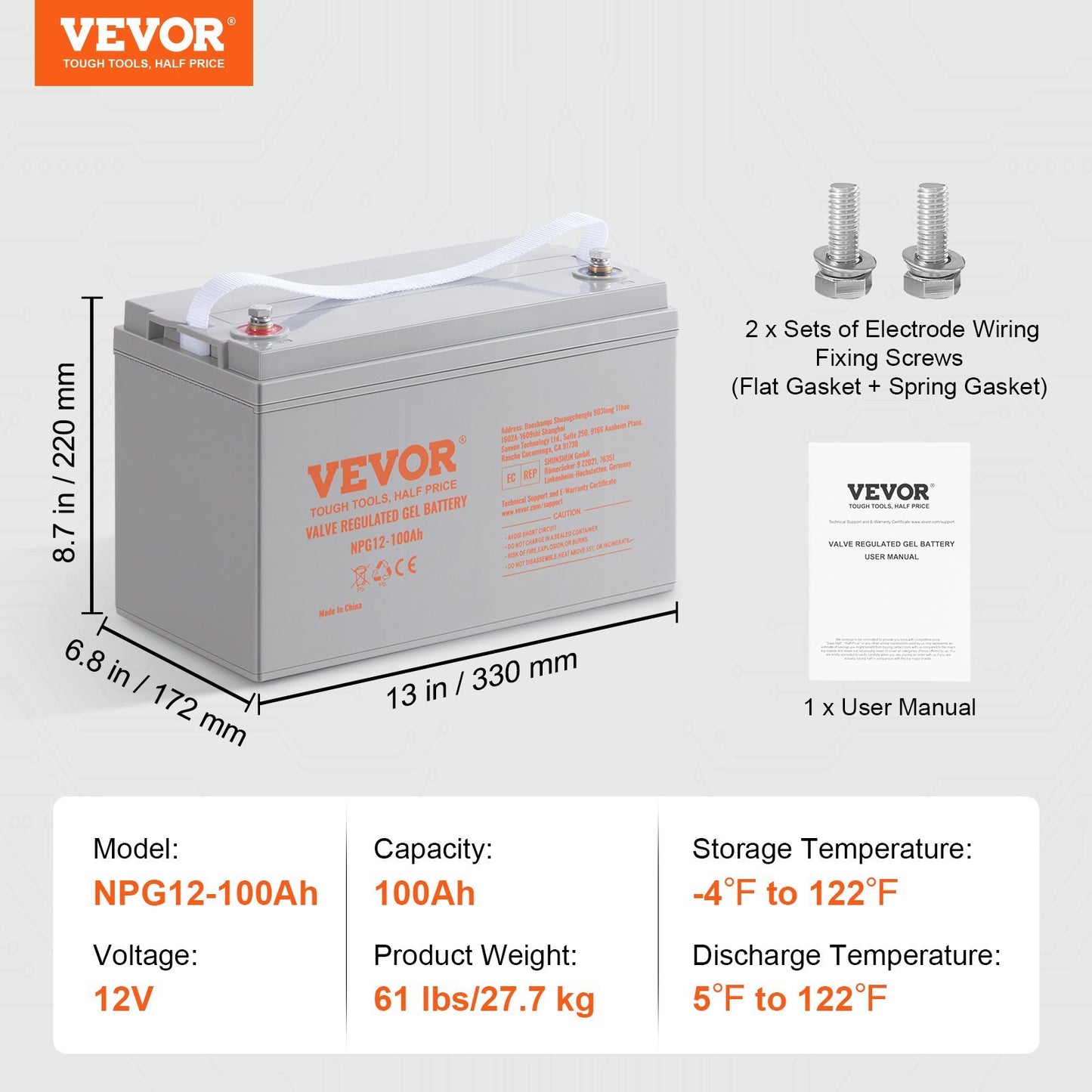 VEVOR Deep Cycle Battery, 12V100AH, AGM Marine Rechargeable Battery, High Self-Discharge Rate 800A Current, For RV Solar Marine Off-Grid Applications UPS Backup Power System