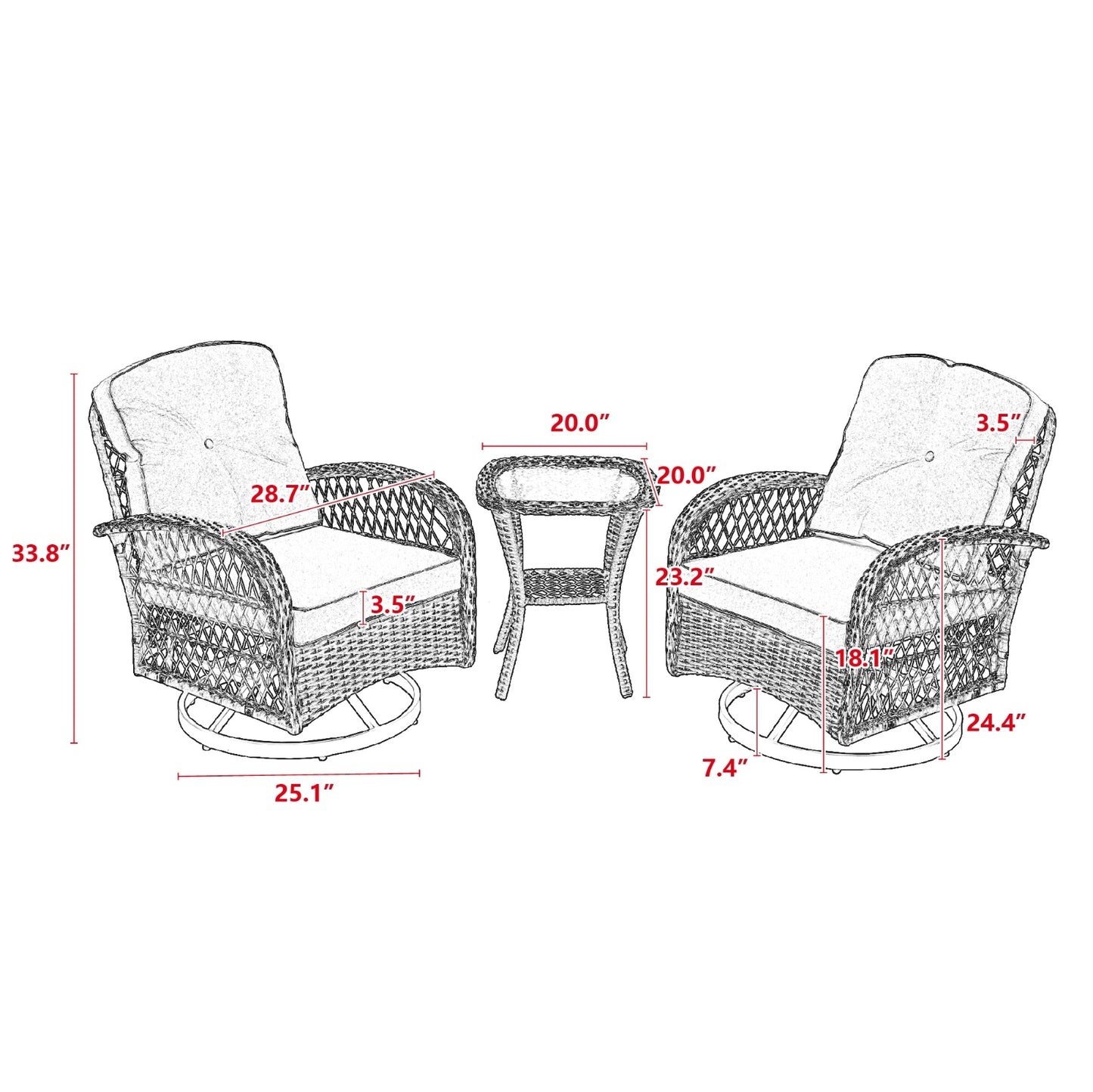 3pc Outdoor Swivel Rocker Patio Chairs 360 Rocking Set With Thick Cushions