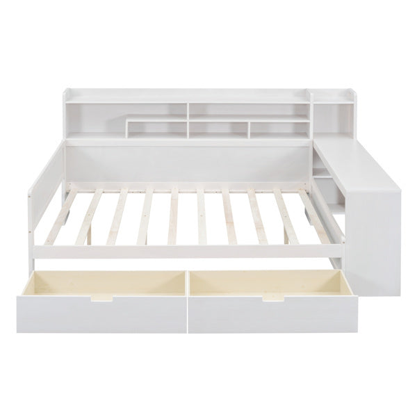 Wooden Full-size Sofa Bed With Storage Rack, Multifunctional Bed With Two Storage Drawers And Desk, Antique White