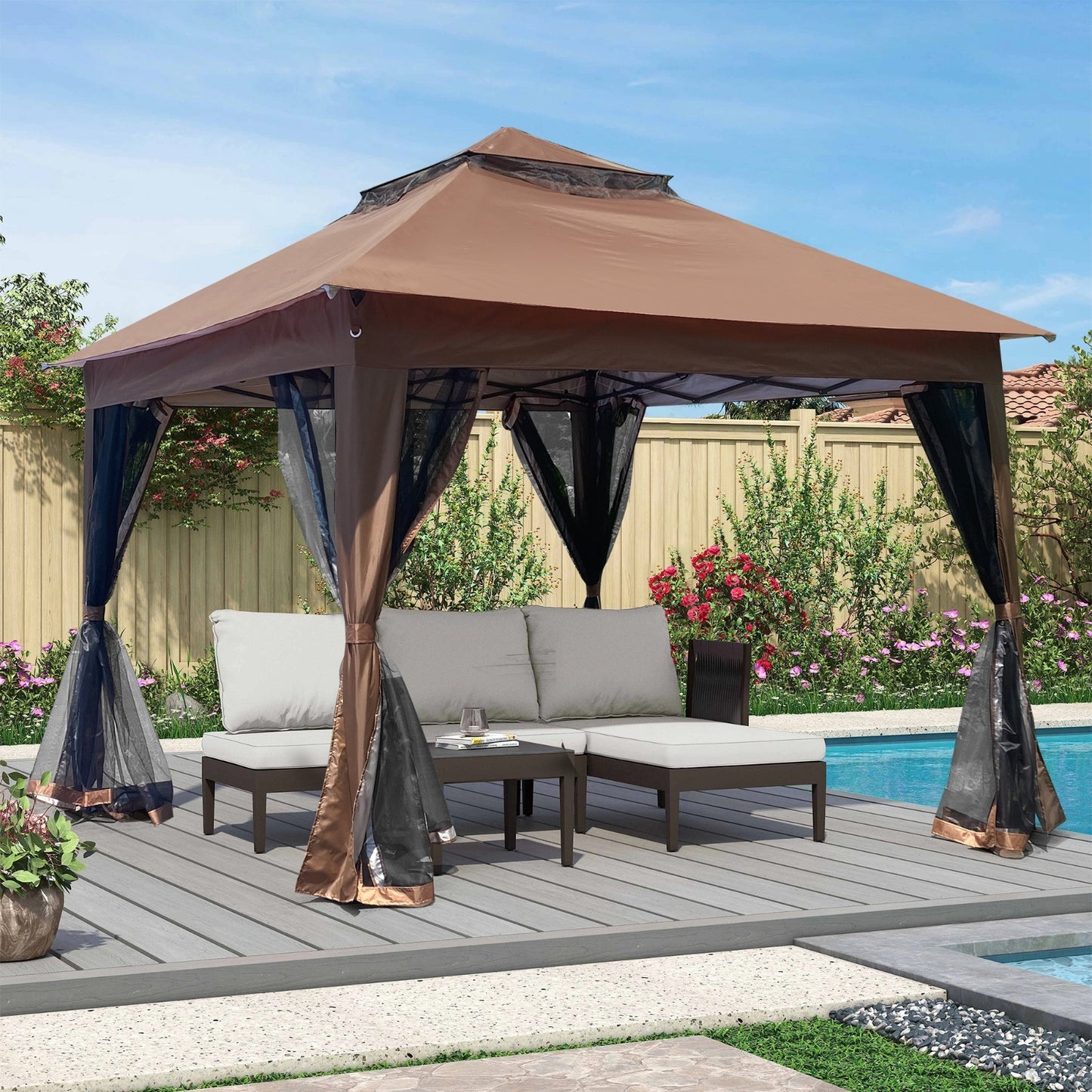 Outdoor 11x11 Ft Up Gazebo Canopy With Zipper Netting, 2-Tier Soft Top Tent
