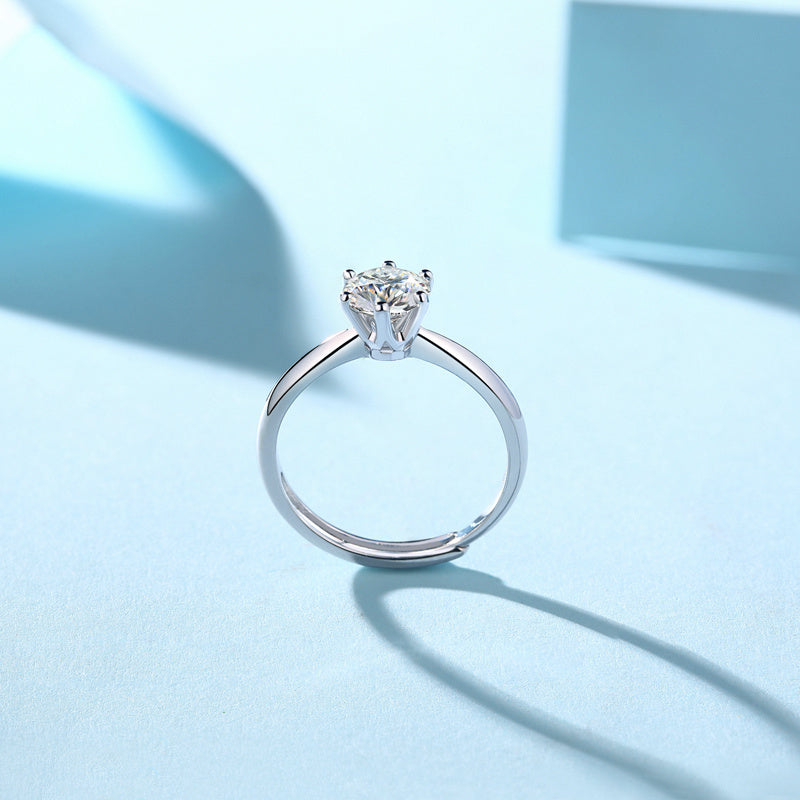 Classic Six-prong Mossan Diamond Silver Open Ring And Fixed Ring