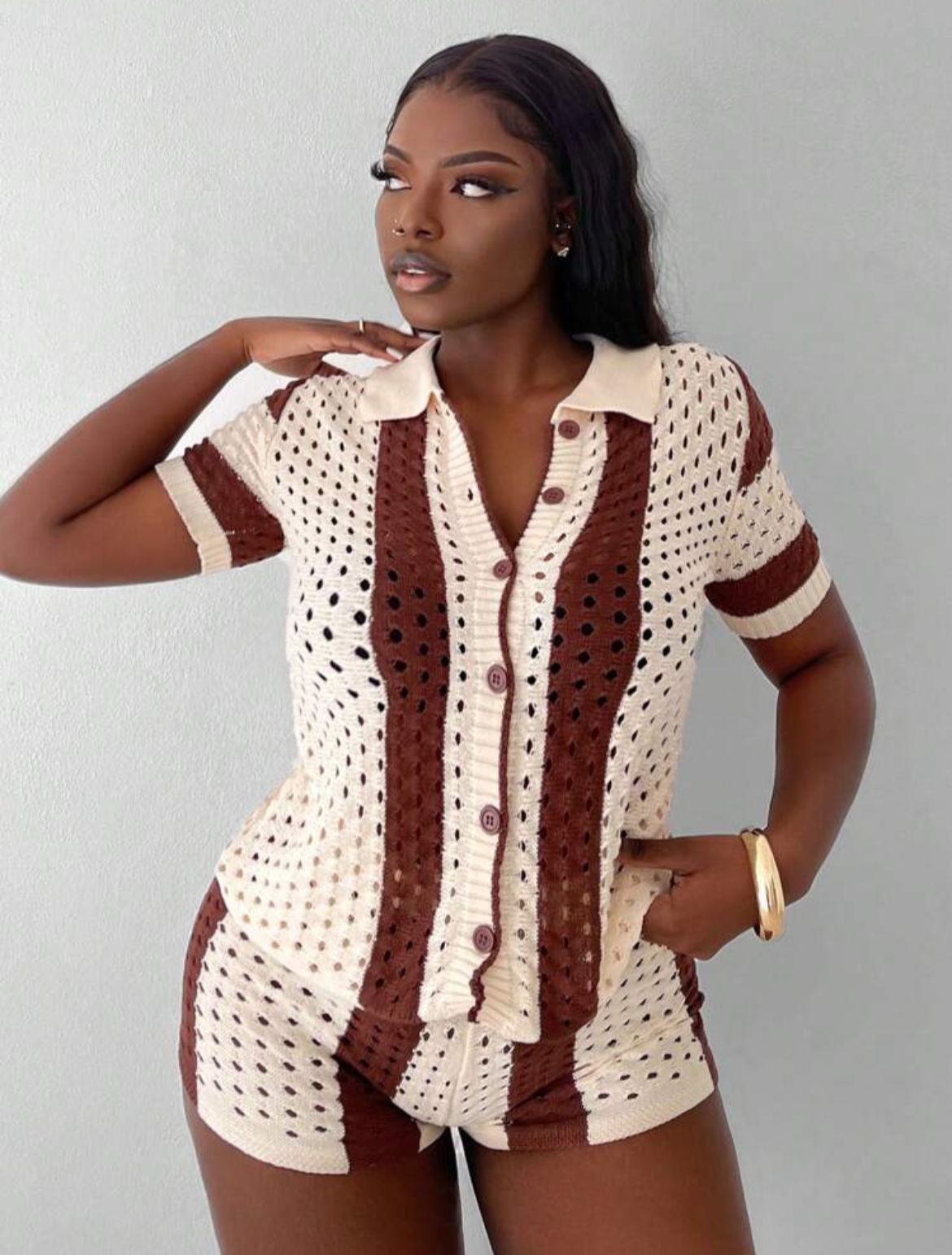 Women's Hollow Out See-through Lapel Knitted Shorts Suit