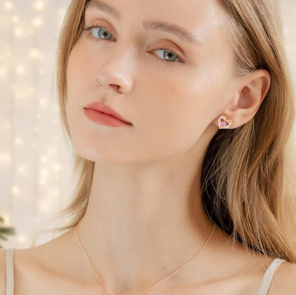 Forever Love Women's 925 Sterling Silver Birthstone Heart-shaped Earrings