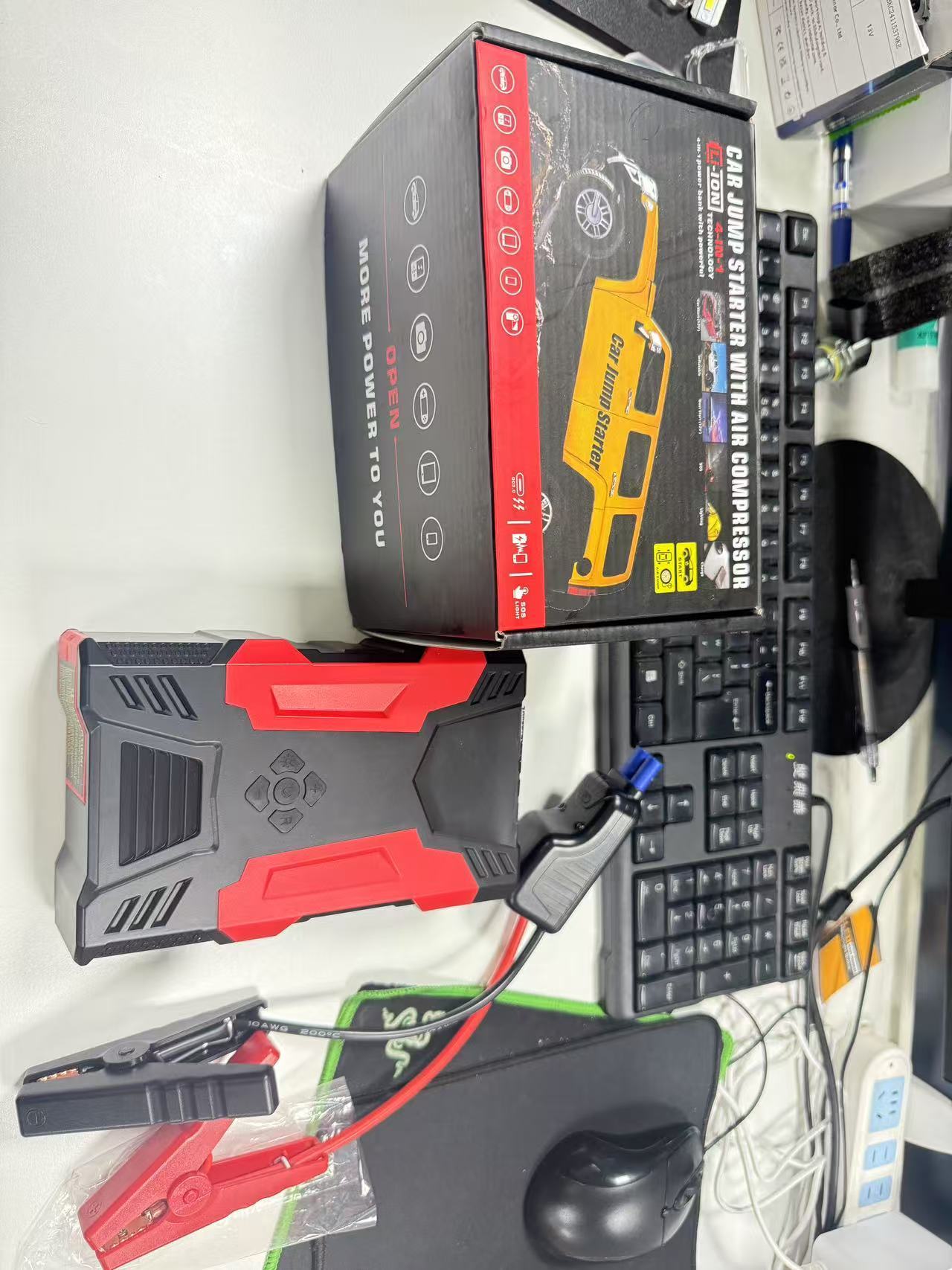 4in1 Multi-functional Car Emergency Jump Starter 12V High-Power Automotive Battery Emergency Jump Starter With Air Compressor Air Pump, Black And Red