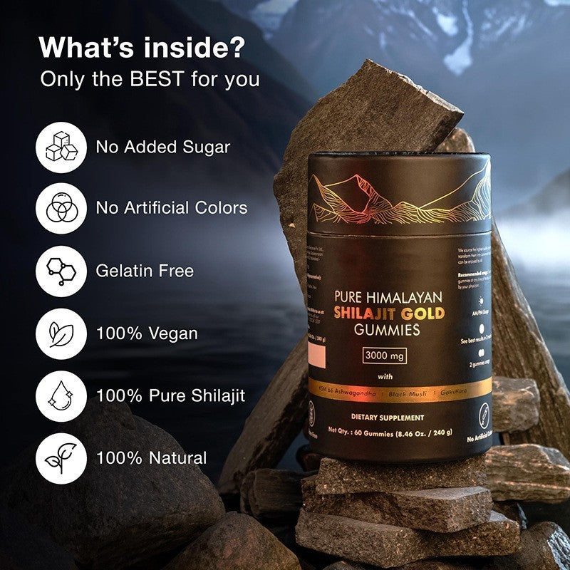 Pure Himalayan Shilajit Gummies Gold Lab Tested No Added Sugar Ashwagandha, GokshuraFulvic Acid & 85 Trace Minerals For Men, Women Non-GMO Natural & Organic 60 Gummy