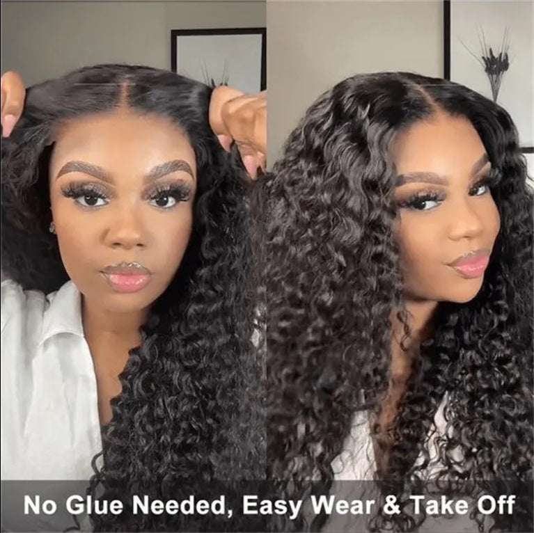 No Glue Wig, Human Hair Pre-pull, Pre-cut 200 Density Clear Hd Lace Front Wig, 4x4 Deep Wave Wig