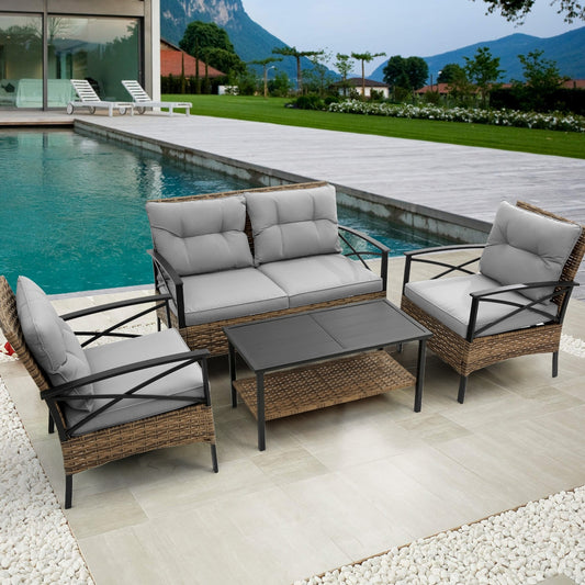 Patio 4Piece Sectional Sofa Set   KD Rattan Wicker Outdoor Garden Furniture