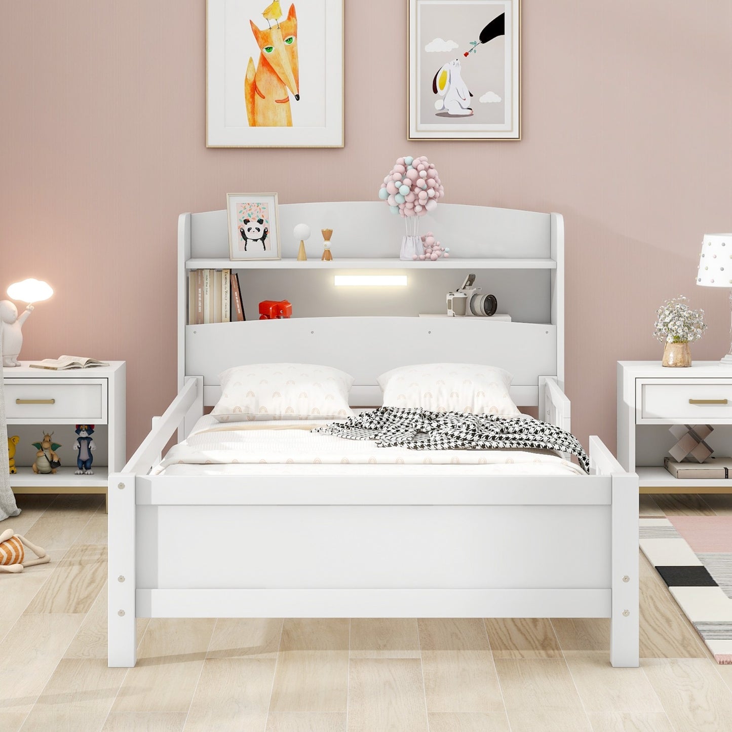 Twin Size Wood Platform Bed With LED, Storage Headboard & Guardrail, White