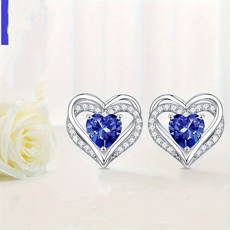 Women's Birthstone Earrings -925 Sterling Silver Heart-shaped Earrings