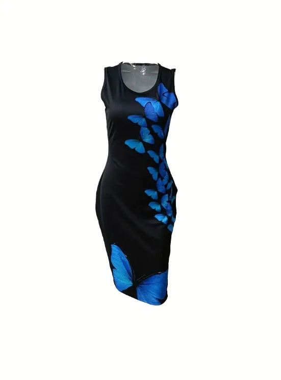 Ladies' Round Neck Butterfly Print Slimming Dress