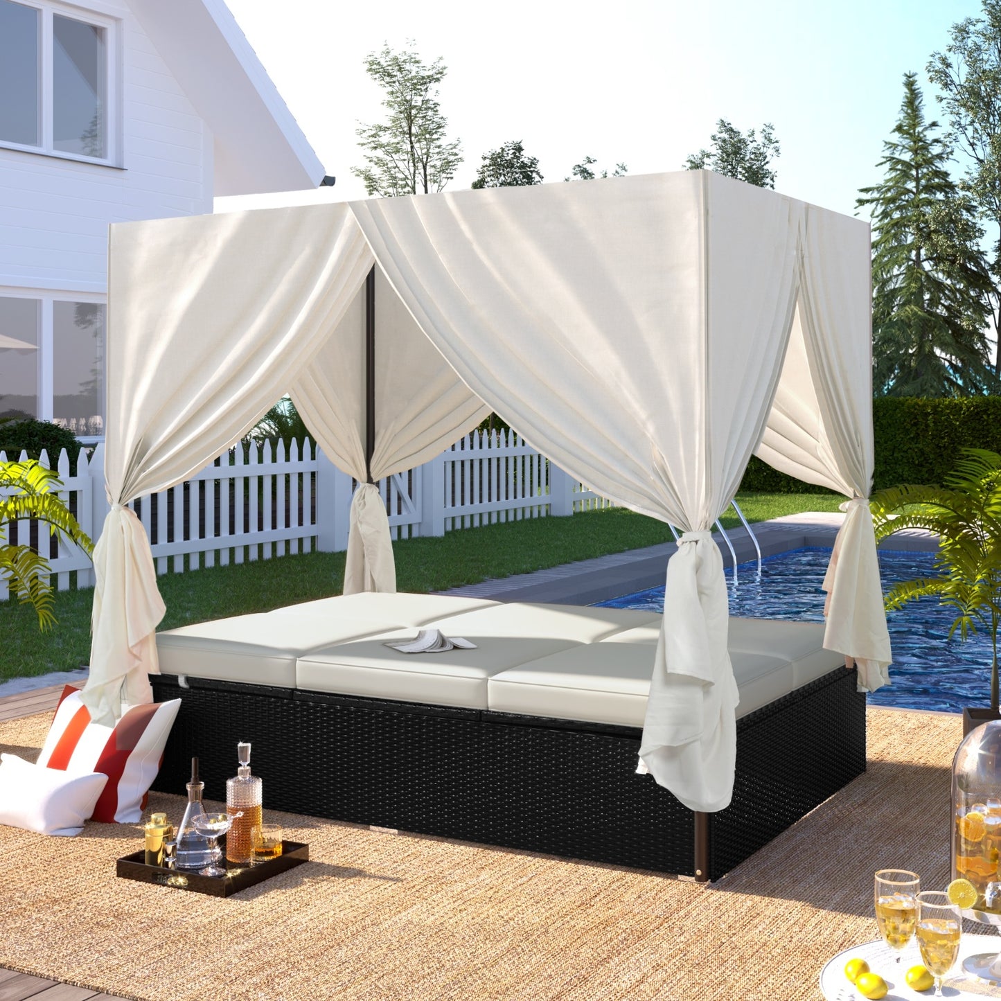 U STYLE Outdoor Patio Wicker Sunbed Daybed With Cushions, Adjustable Seats