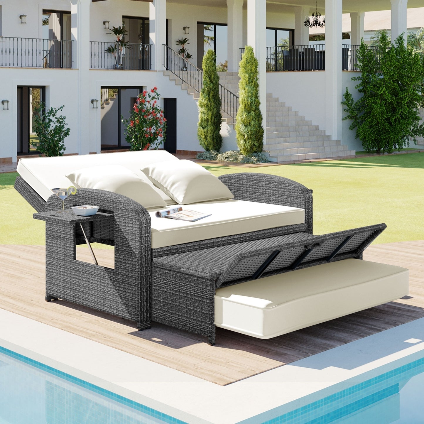 TOPMAX PE Wicker Rattan Double Chaise Lounge, 2-Person Adjustable Daybed