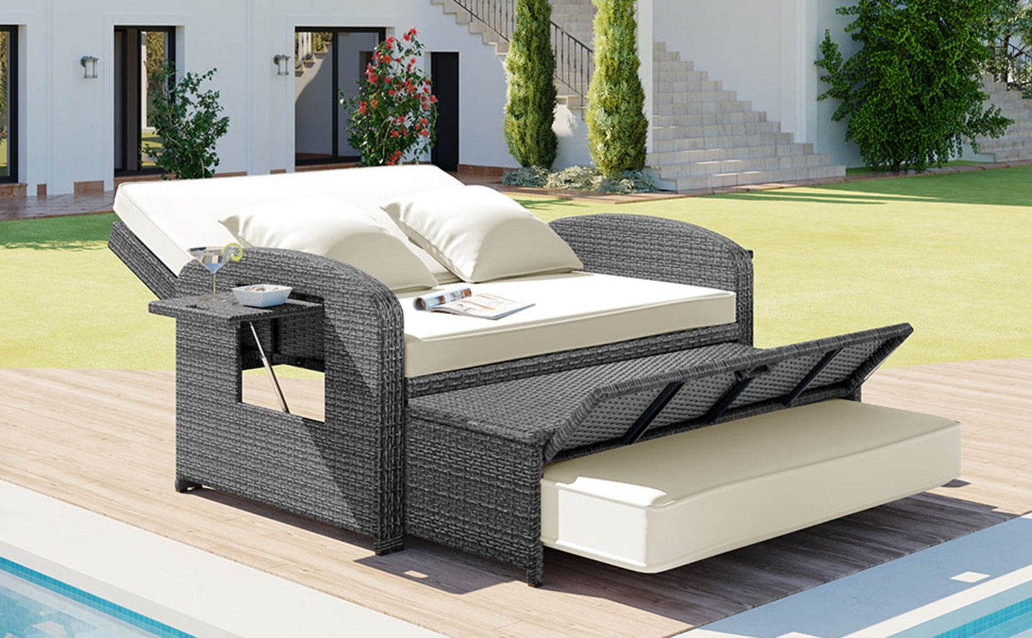 TOPMAX PE Wicker Rattan Double Chaise Lounge, 2-Person Adjustable Daybed