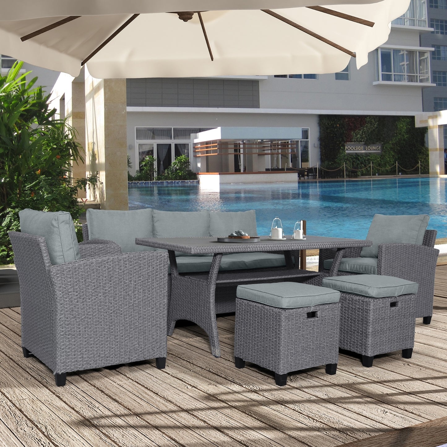 TOPMAX 6-Piece Outdoor Rattan Wicker Patio Set - Sofa, Chair, Stools, Table Gray