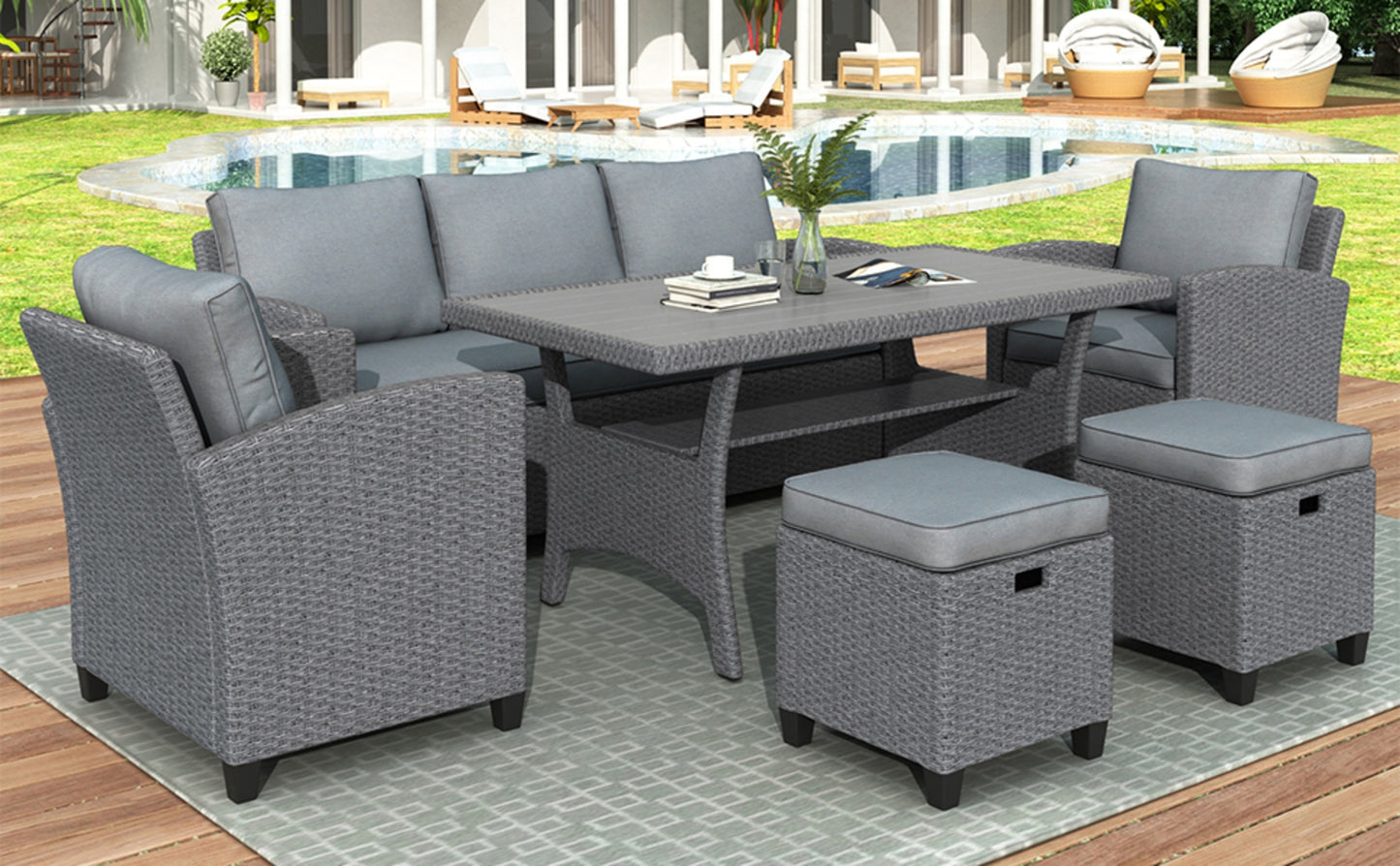 TOPMAX 6-Piece Outdoor Rattan Wicker Patio Set - Sofa, Chair, Stools, Table Gray