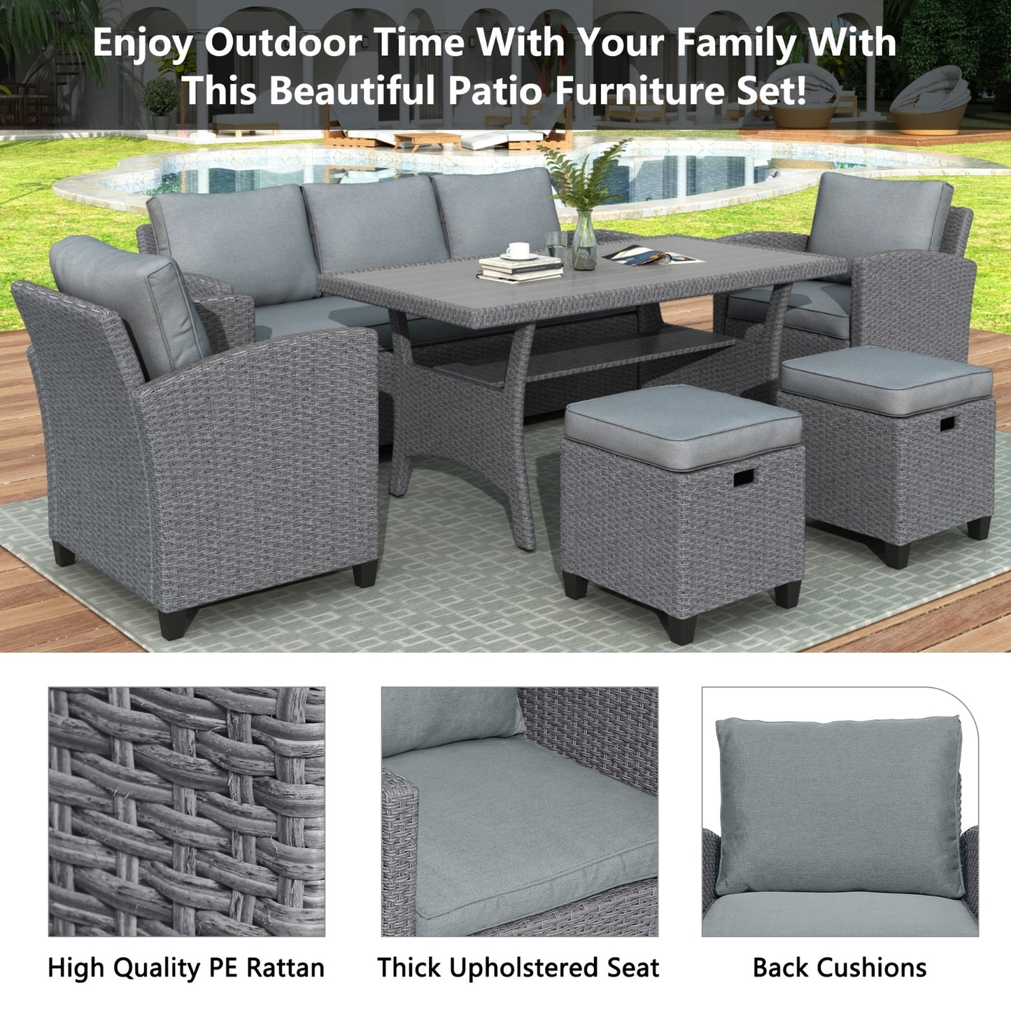 TOPMAX 6-Piece Outdoor Rattan Wicker Patio Set - Sofa, Chair, Stools, Table Gray