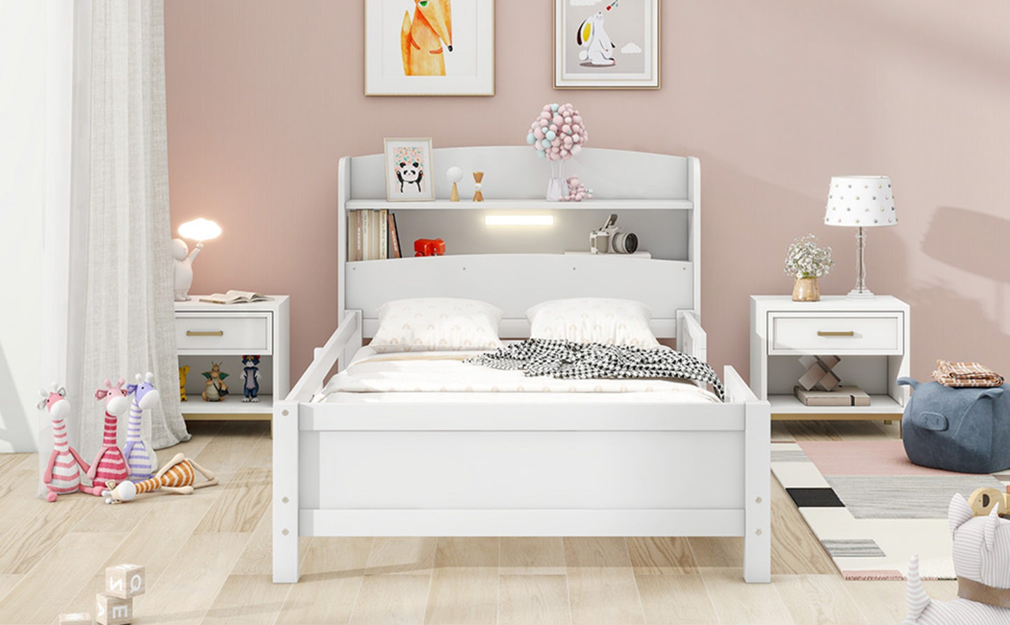 Twin Size Wood Platform Bed With LED, Storage Headboard & Guardrail, White