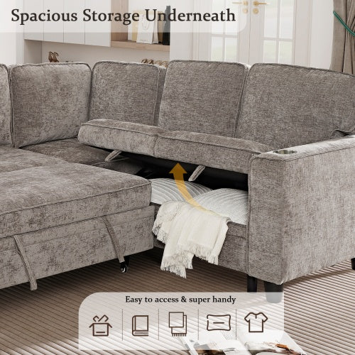 L-Shaped Sofa With Pull Out Sofa Bed, Sleeper Sofa Couch Bed With Storage Seat, 5 Seat Sectional Sofa Bed With USB, Sectional Sofa Couch For Living Room, Apartment