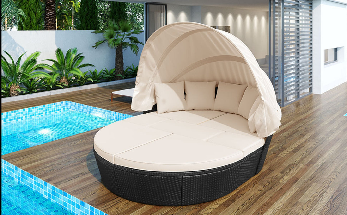 GO Outdoor Rattan Daybed Sunbed With Retractable Canopy Wicker Furniture, Round Outdoor Sectional So