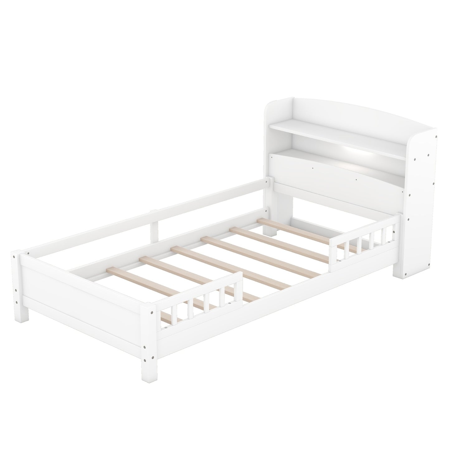 Twin Size Wood Platform Bed With LED, Storage Headboard & Guardrail, White