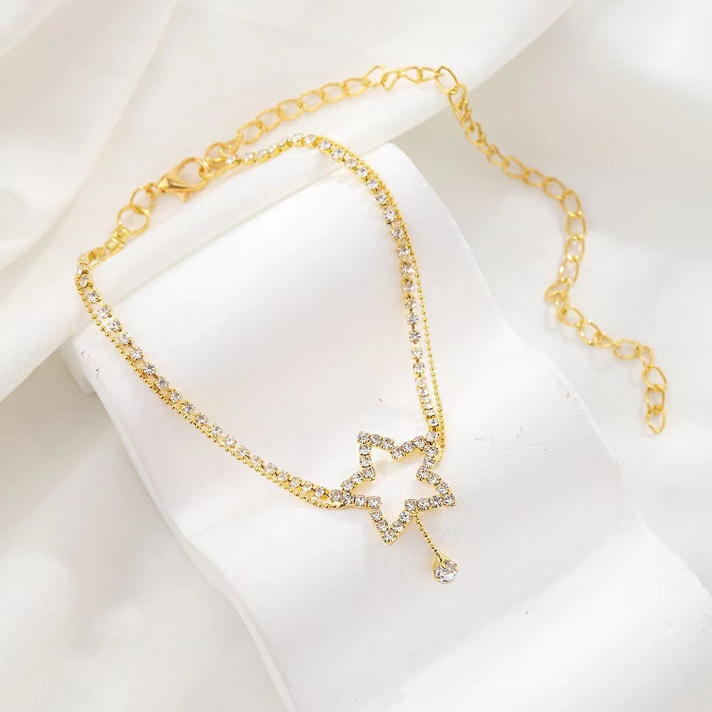 Women's Fashion Personality Five-pointed Star Heart Shape Rhinestone Bead Necklace Anklet