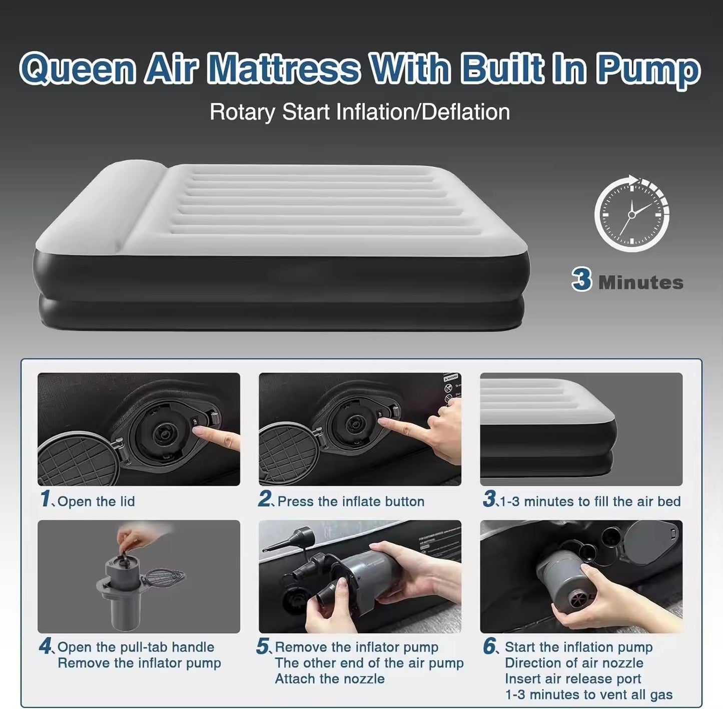 16Inches Queen Size Premium Air Mattress With For Home Camping Guest-Room Inflatable Airbed Blow Up Mattress