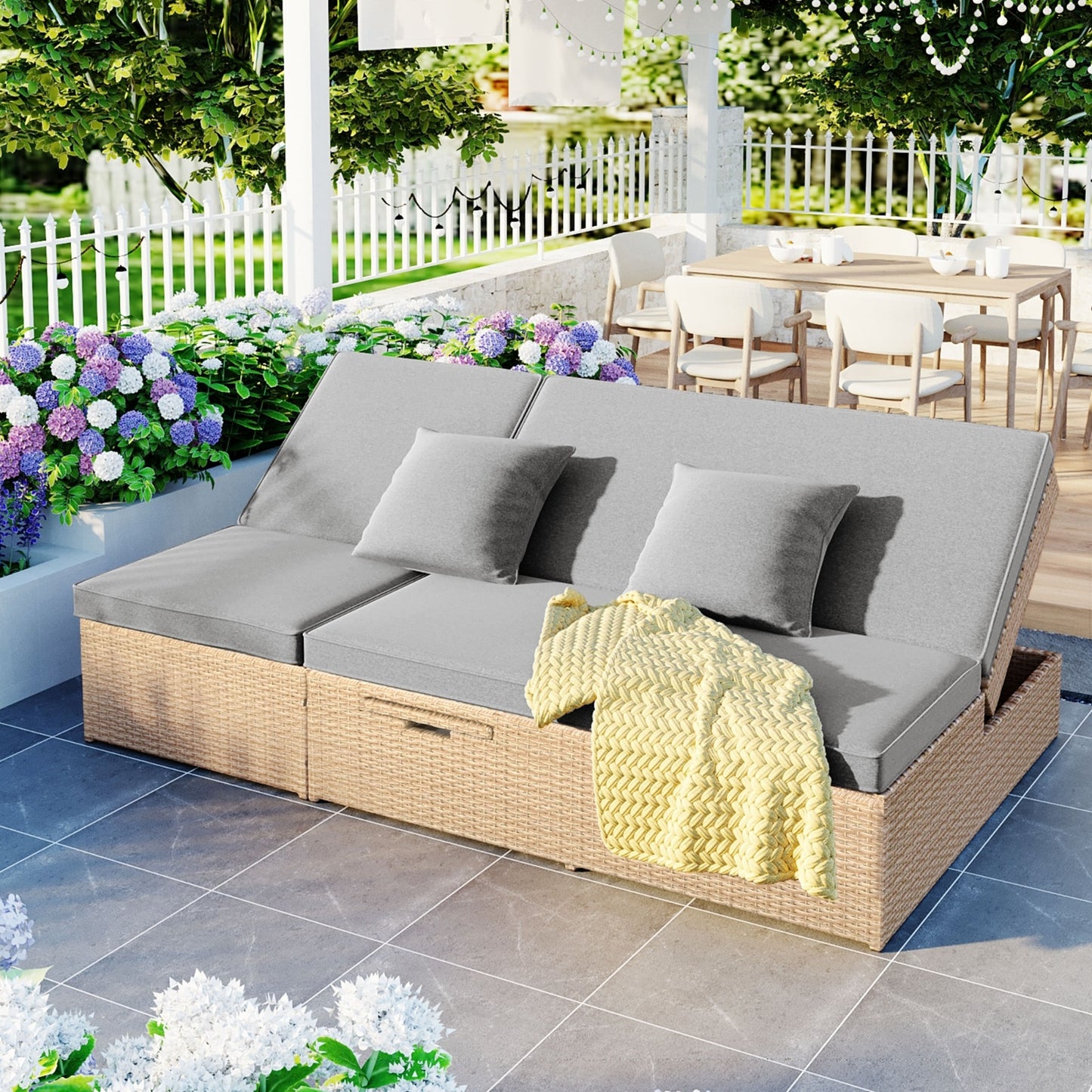 TOPMAX Outdoor Double Sunbed, Wicker Rattan, Adjustable Backrest  Seat