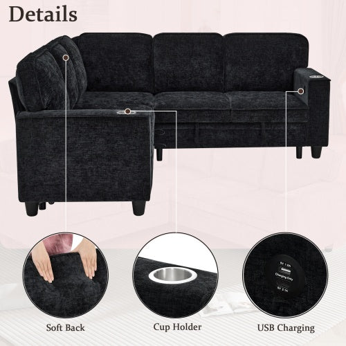 L-Shaped Sofa With Pull Out Sofa Bed, Sleeper Sofa Couch Bed With Storage Seat, 5 Seat Sectional Sofa Bed With USB, Sectional Sofa Couch For Living Room, Apartment