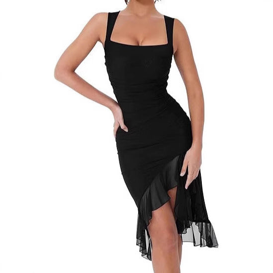 European And American U-collar Slim Mesh Splicing Sling Dress