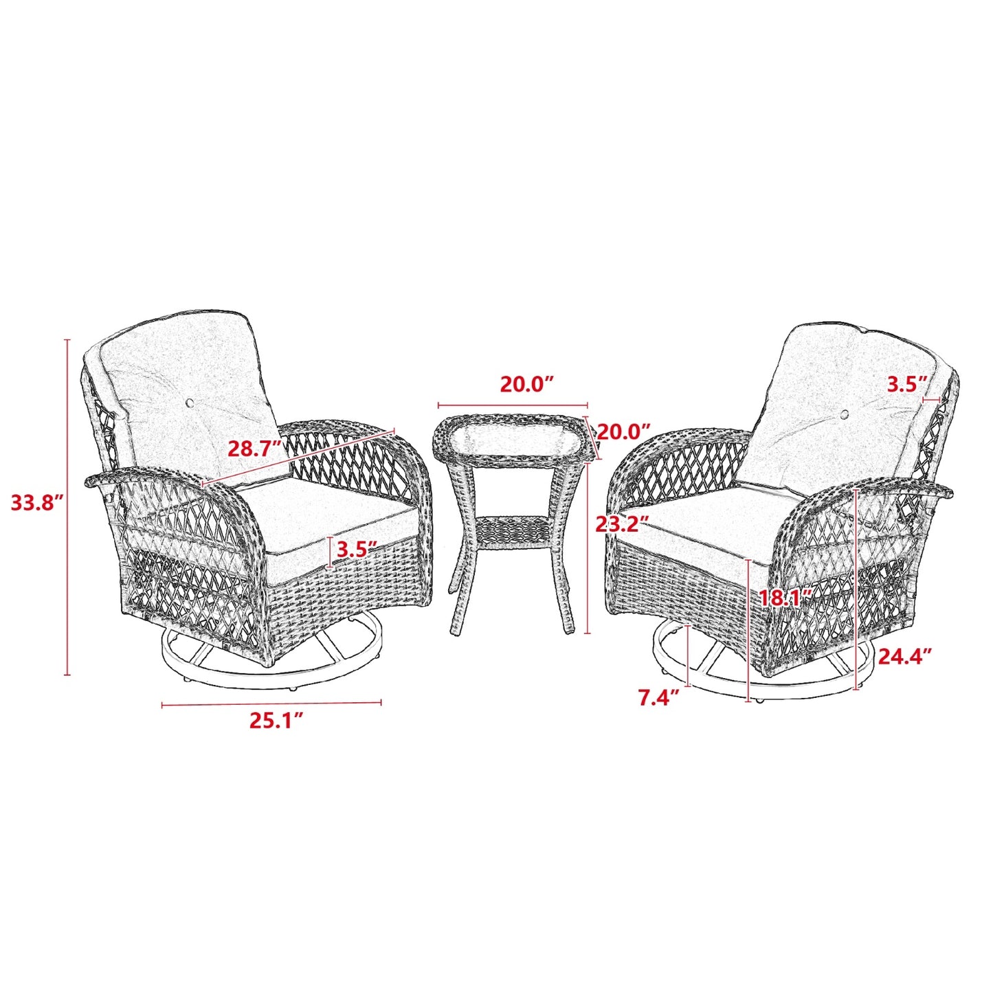 3pc Outdoor Swivel Rocker Patio Chairs 360  Rocking Set With Thick Cushions