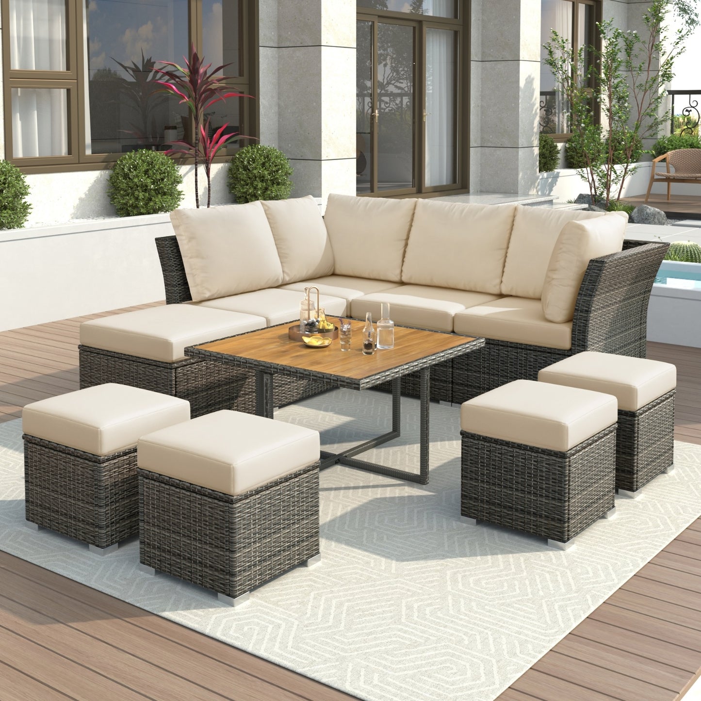 U  STYLE Patio Furniture Set 10 Piece Outdoor Conversation Set CoffeeTable With Ottomans Solid Woo