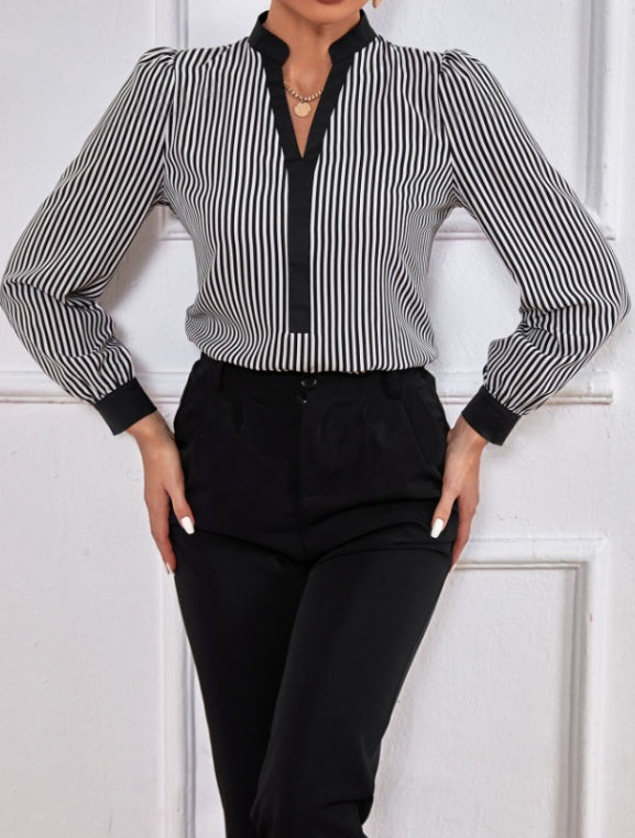 Ladies' New Striped V-neck Cuff Collar Color Block Splicing Fashion Shirt