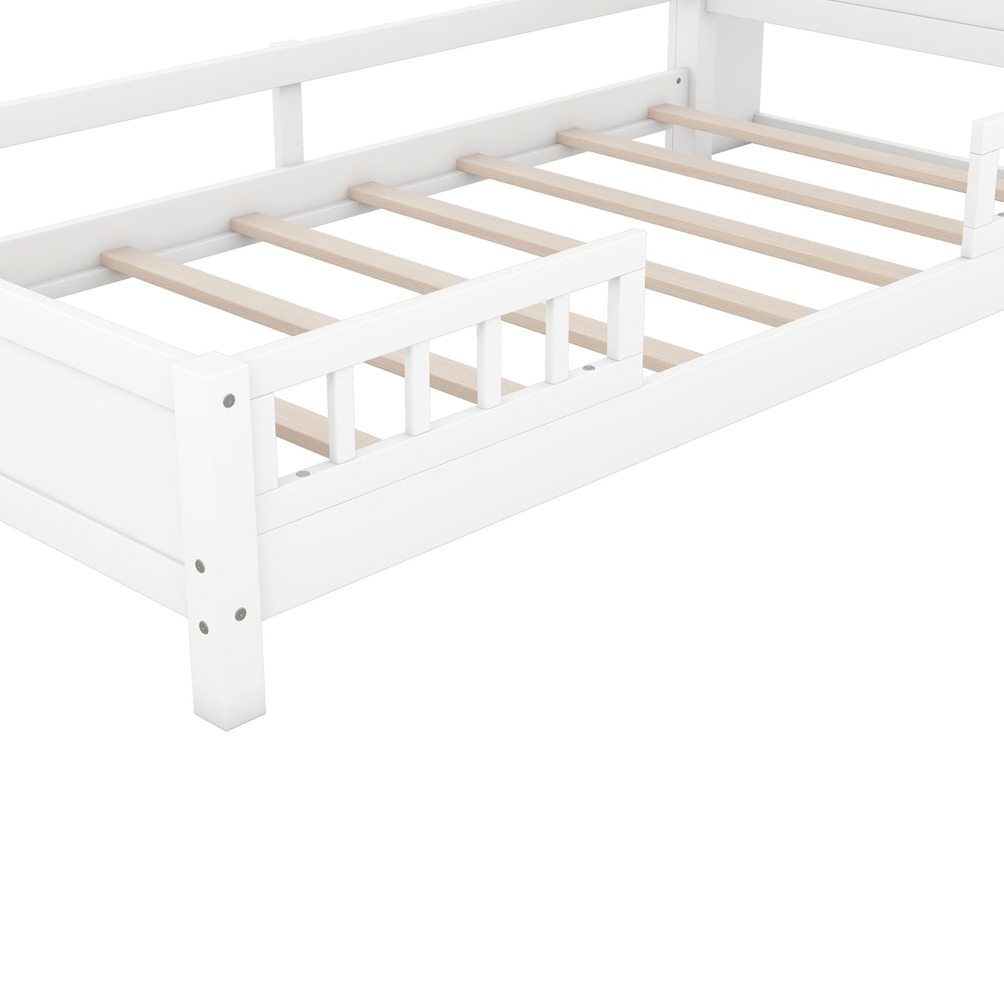 Twin Size Wood Platform Bed With LED, Storage Headboard & Guardrail, White