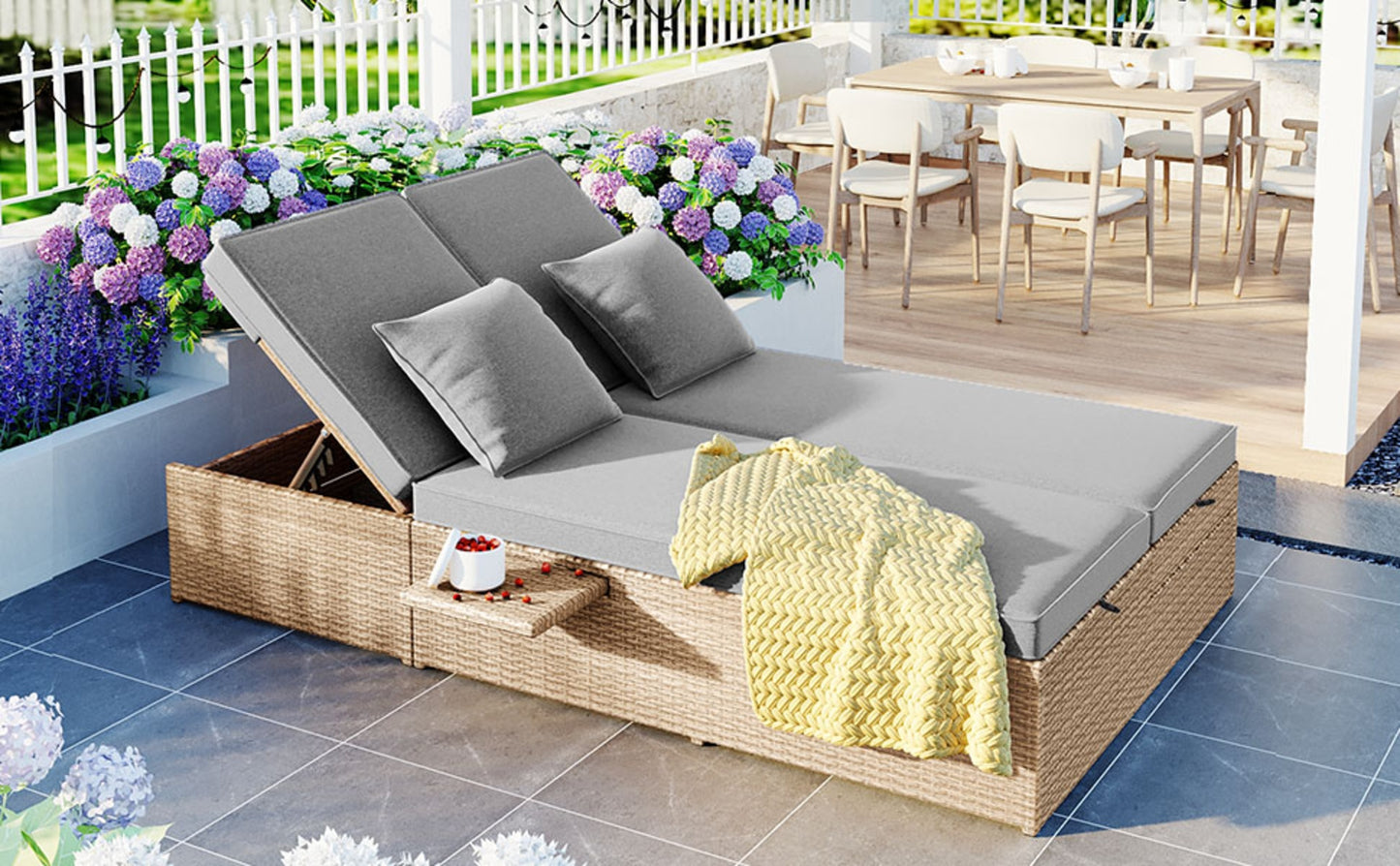 TOPMAX Outdoor Double Sunbed, Wicker Rattan, Adjustable Backrest  Seat