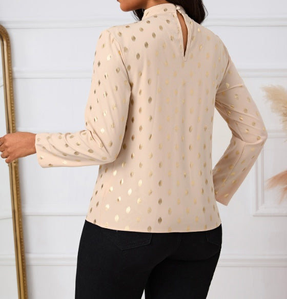 Ladies' Polka Dot Printed Pleated Collar Fashionable Date Commuting Shopping Long Sleeved Shirt