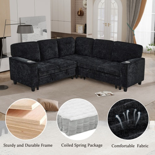 L-Shaped Sofa With Pull Out Sofa Bed, Sleeper Sofa Couch Bed With Storage Seat, 5 Seat Sectional Sofa Bed With USB, Sectional Sofa Couch For Living Room, Apartment