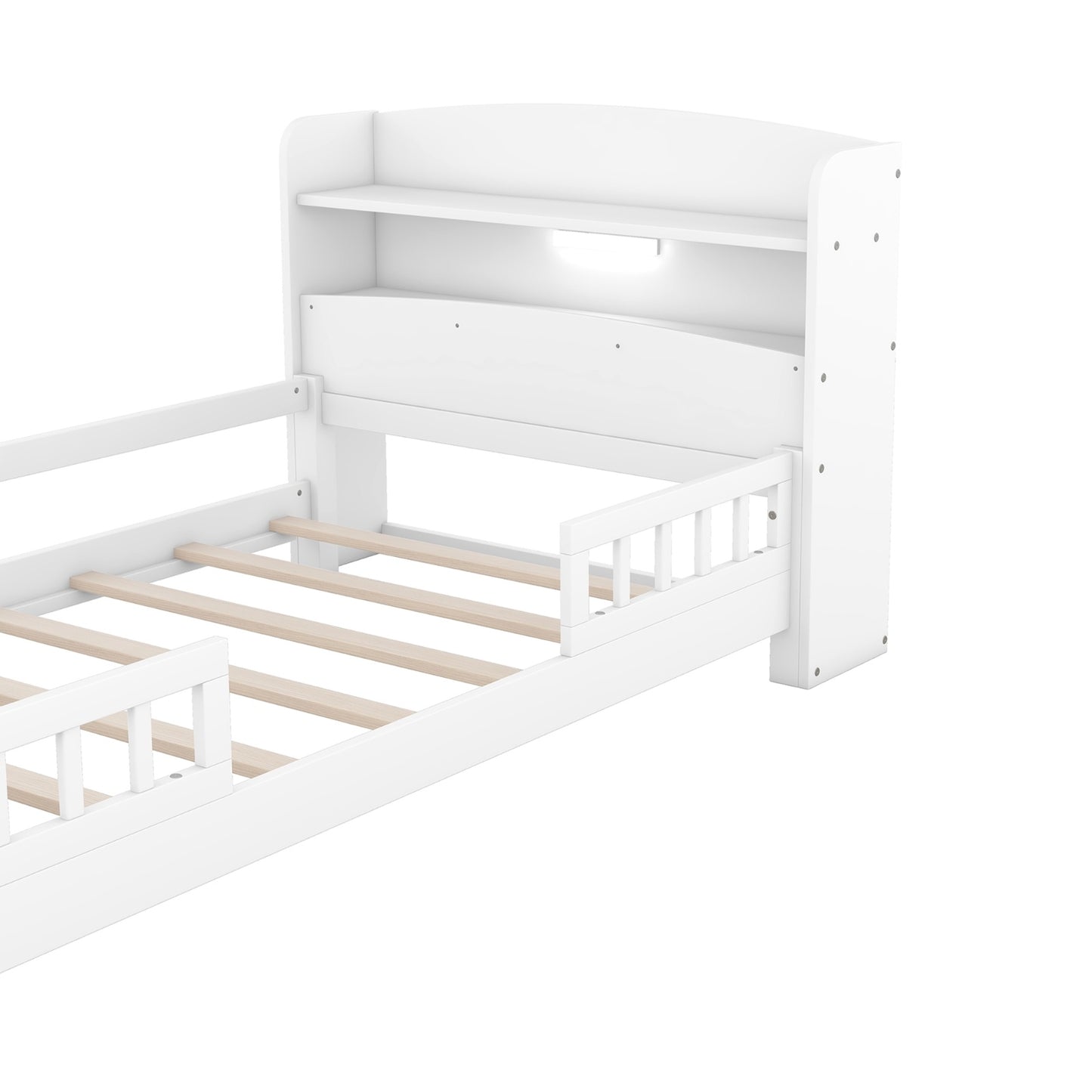 Twin Size Wood Platform Bed With LED, Storage Headboard & Guardrail, White