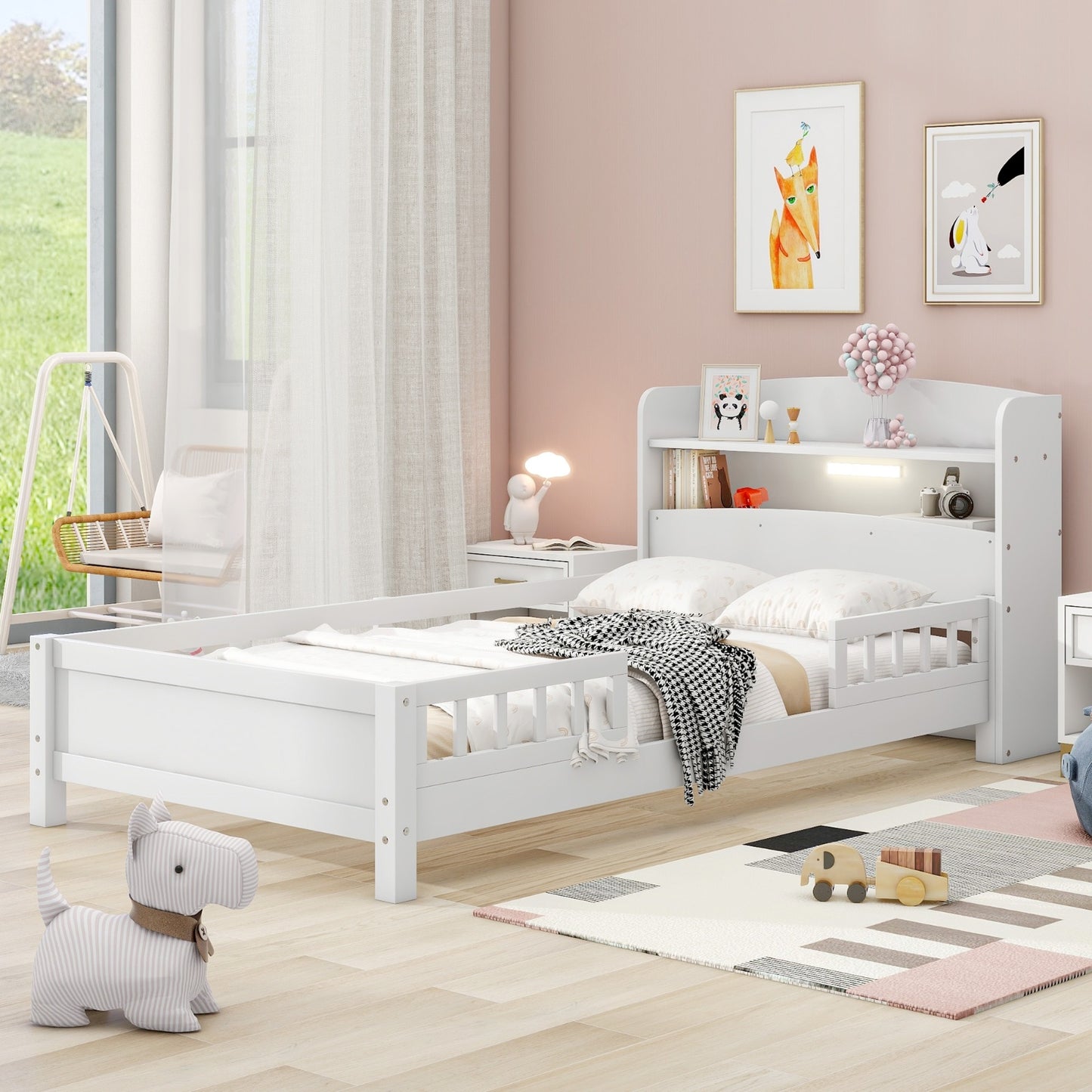 Twin Size Wood Platform Bed With LED, Storage Headboard & Guardrail, White