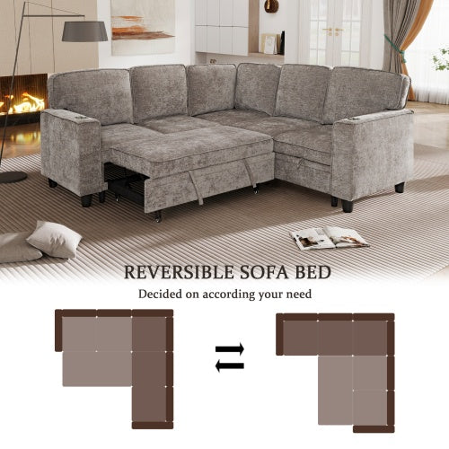 L-Shaped Sofa With Pull Out Sofa Bed, Sleeper Sofa Couch Bed With Storage Seat, 5 Seat Sectional Sofa Bed With USB, Sectional Sofa Couch For Living Room, Apartment