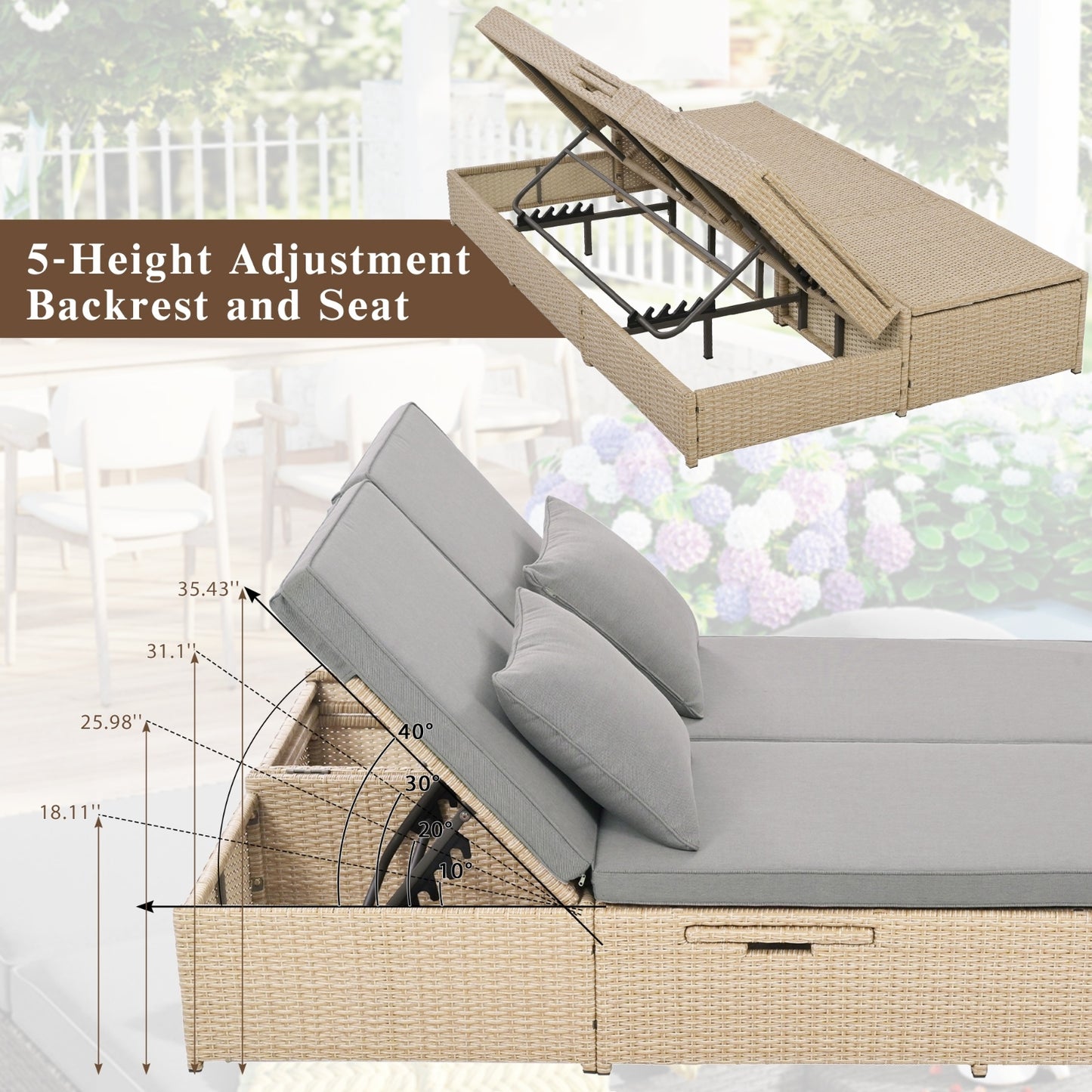 TOPMAX Outdoor Double Sunbed, Wicker Rattan, Adjustable Backrest  Seat