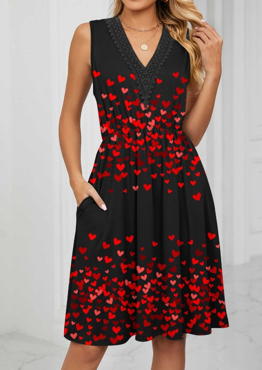 Ladies' V-neck Heart-shaped Printed Casual Off Shoulder Dress