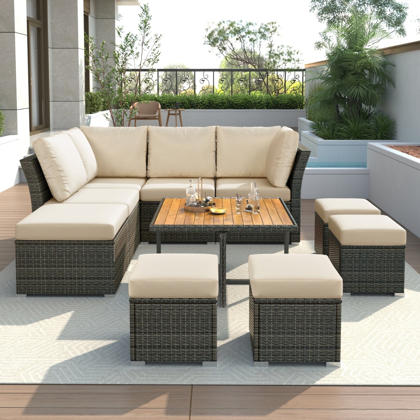 U  STYLE Patio Furniture Set 10 Piece Outdoor Conversation Set CoffeeTable With Ottomans Solid Woo