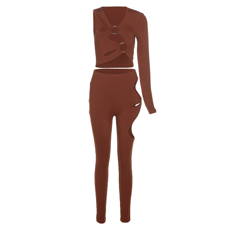 Hollow Metal Buckle One-shoulder Tights Trousers Suit