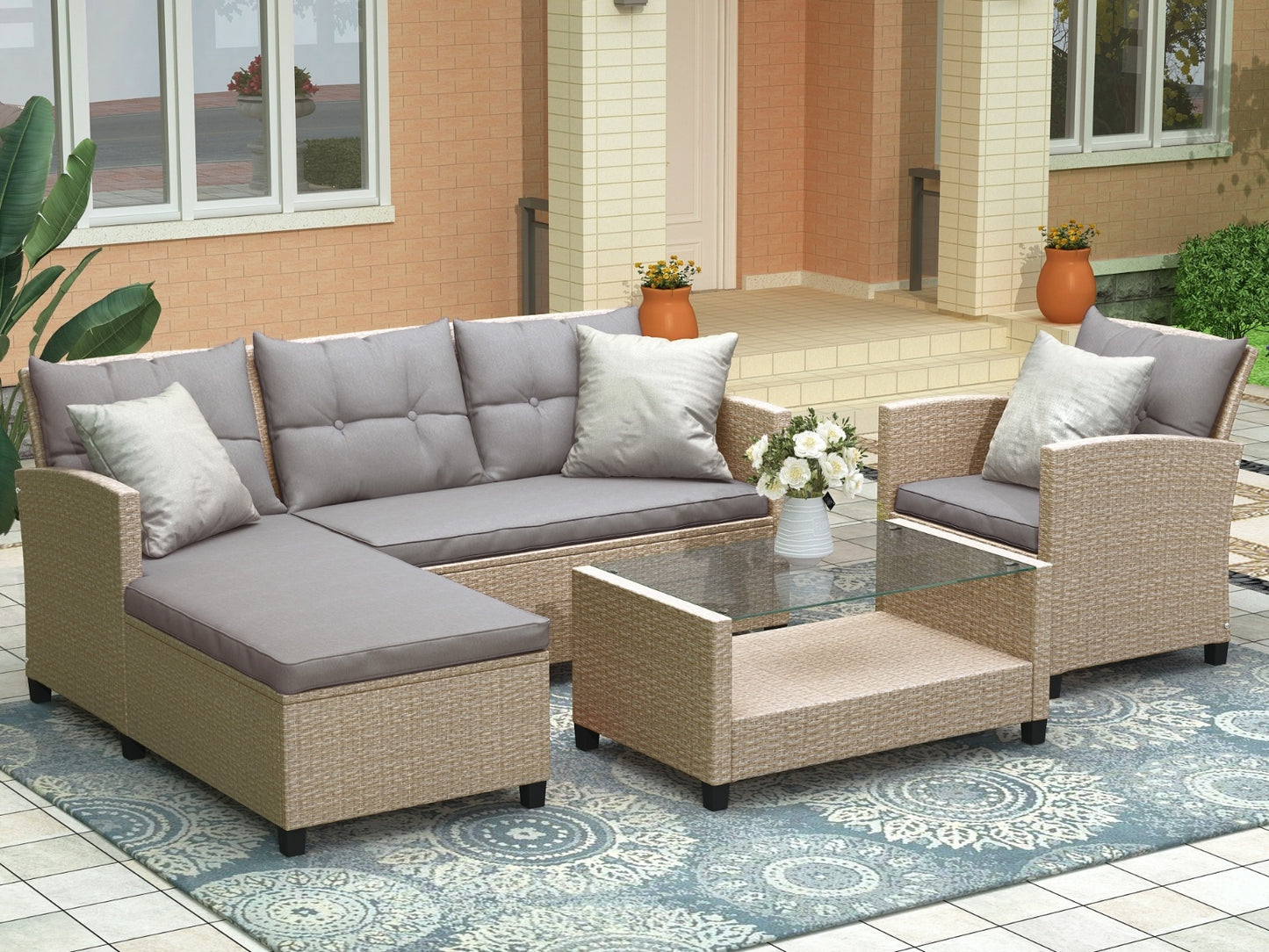 U STYLE Patio Furniture Sets  4PC Wicker Rattan Sofa Conversation Set