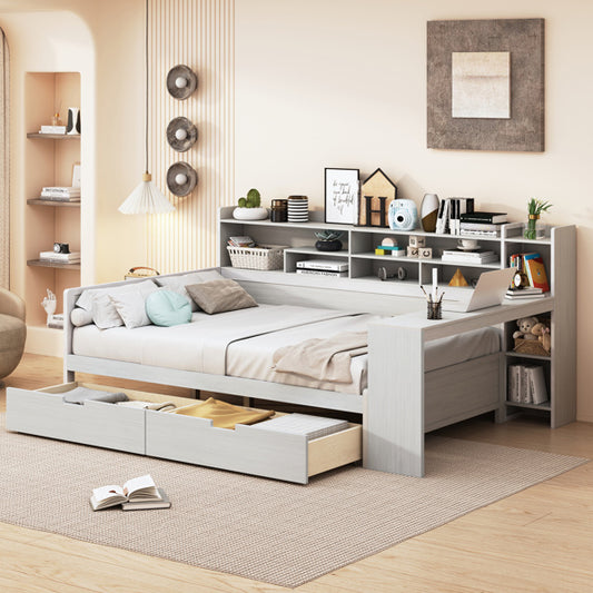 Wooden Full-size Sofa Bed With Storage Rack, Multifunctional Bed With Two Storage Drawers And Desk, Antique White